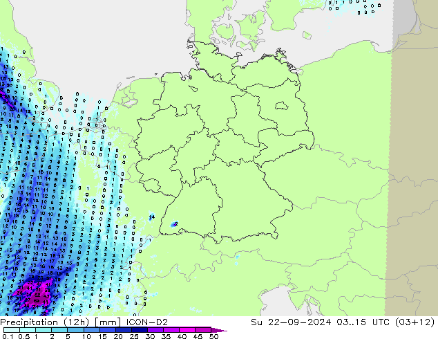 Totale neerslag (12h) ICON-D2 zo 22.09.2024 15 UTC