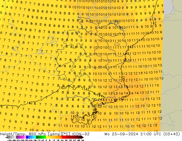 Height/Temp. 850 hPa ICON-D2 Mo 23.09.2024 21 UTC