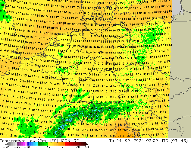 Min.temperatuur (2m) ICON-D2 di 24.09.2024 03 UTC