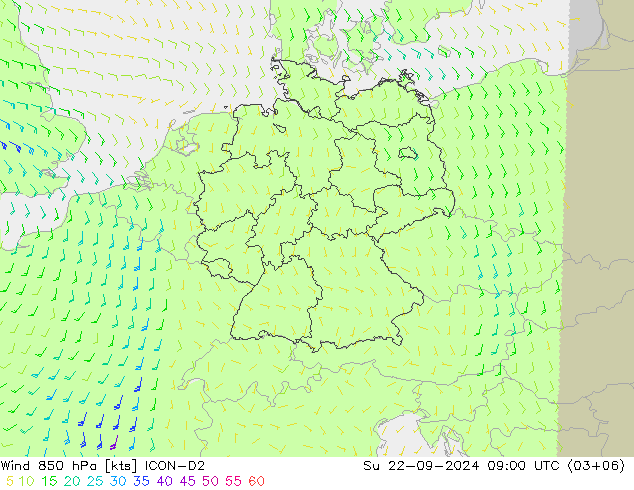 Vento 850 hPa ICON-D2 Dom 22.09.2024 09 UTC