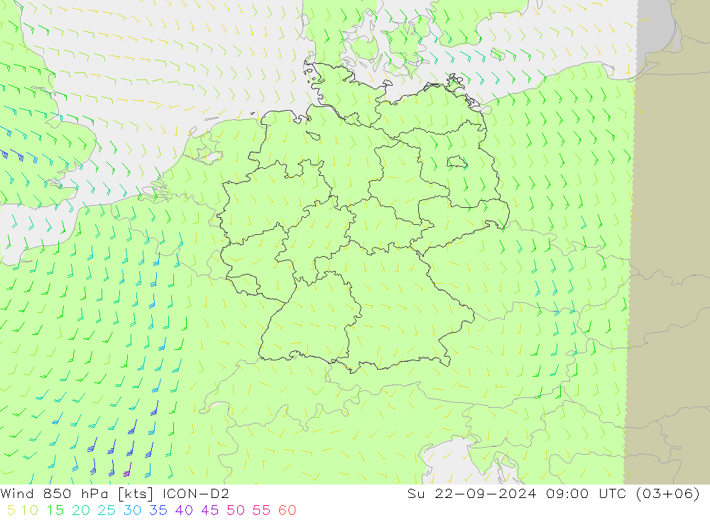 Wind 850 hPa ICON-D2 Su 22.09.2024 09 UTC