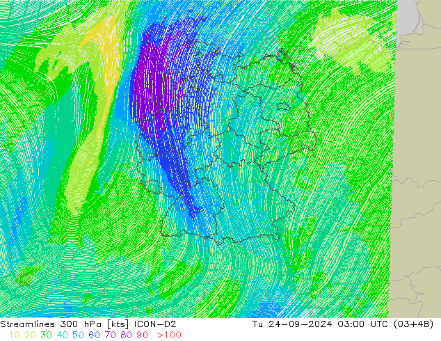 Stromlinien 300 hPa ICON-D2 Di 24.09.2024 03 UTC