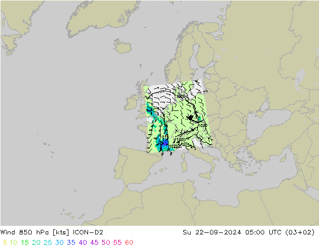 风 850 hPa ICON-D2 星期日 22.09.2024 05 UTC