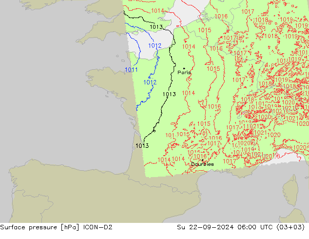 Surface pressure ICON-D2 Su 22.09.2024 06 UTC