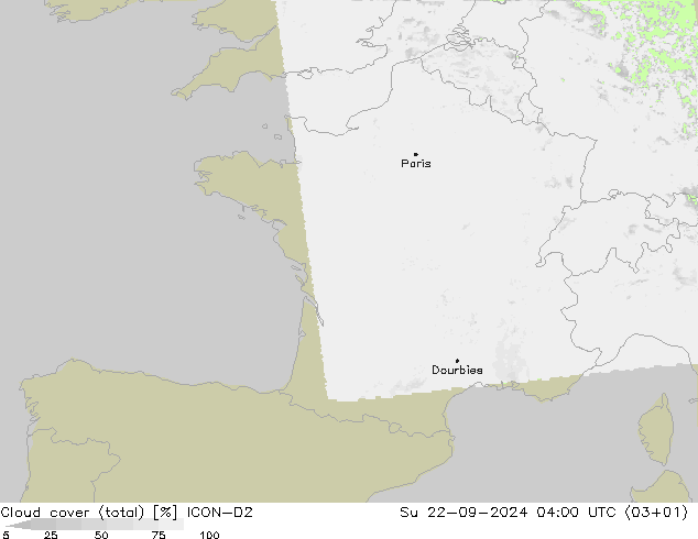 Cloud cover (total) ICON-D2 Su 22.09.2024 04 UTC