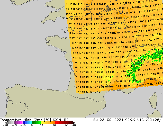 Temperature High (2m) ICON-D2 Su 22.09.2024 09 UTC