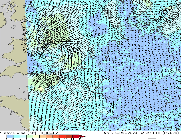 Bodenwind (bft) ICON-D2 Mo 23.09.2024 03 UTC