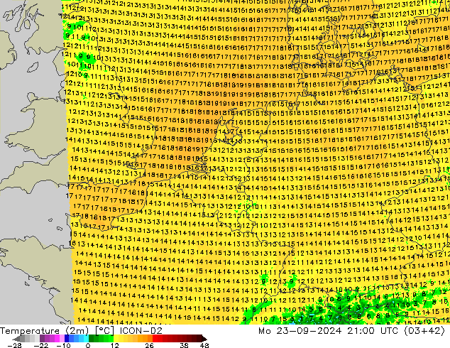 Temperature (2m) ICON-D2 Mo 23.09.2024 21 UTC