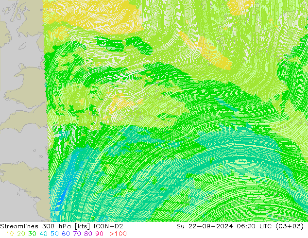 风 300 hPa ICON-D2 星期日 22.09.2024 06 UTC