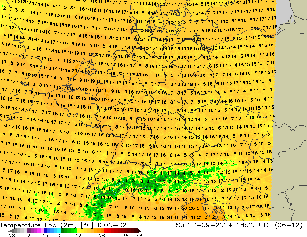Temperature Low (2m) ICON-D2 星期日 22.09.2024 18 UTC