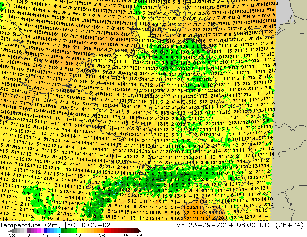 温度图 ICON-D2 星期一 23.09.2024 06 UTC