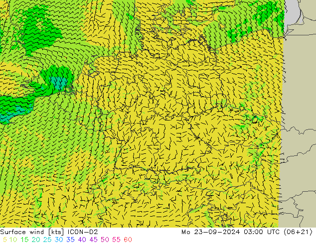 风 10 米 ICON-D2 星期一 23.09.2024 03 UTC