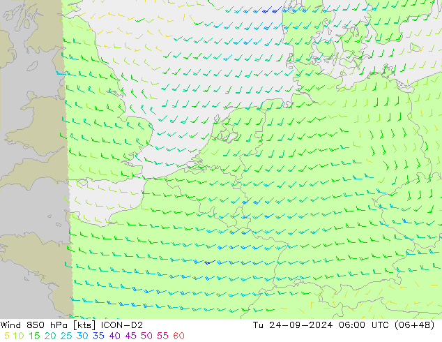 Wind 850 hPa ICON-D2 Di 24.09.2024 06 UTC