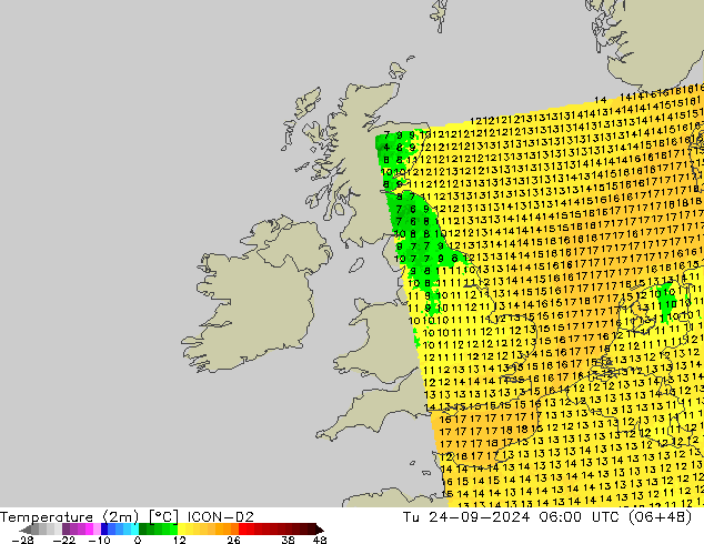 Temperaturkarte (2m) ICON-D2 Di 24.09.2024 06 UTC