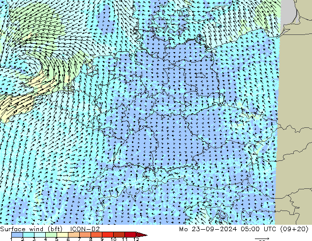 Vento 10 m (bft) ICON-D2 lun 23.09.2024 05 UTC