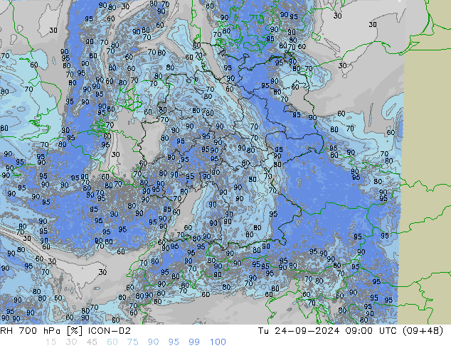 RH 700 hPa ICON-D2 Tu 24.09.2024 09 UTC