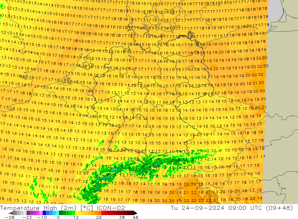 Temperature High (2m) ICON-D2 Tu 24.09.2024 09 UTC