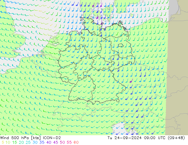 Wind 500 hPa ICON-D2 di 24.09.2024 09 UTC