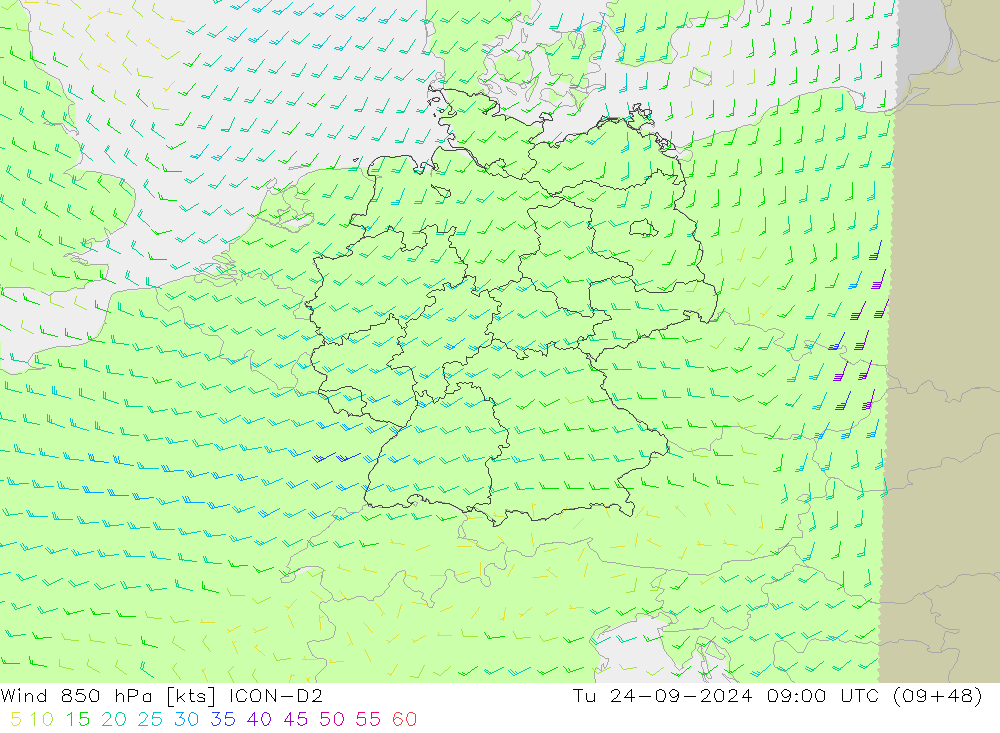 Wind 850 hPa ICON-D2 Di 24.09.2024 09 UTC