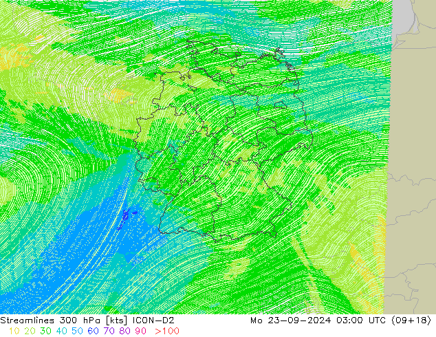 Stromlinien 300 hPa ICON-D2 Mo 23.09.2024 03 UTC