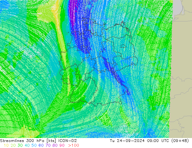 Linha de corrente 300 hPa ICON-D2 Ter 24.09.2024 09 UTC