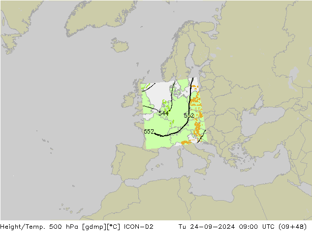 Hoogte/Temp. 500 hPa ICON-D2 di 24.09.2024 09 UTC