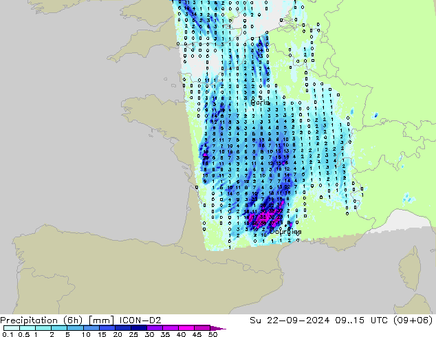 Nied. akkumuliert (6Std) ICON-D2 So 22.09.2024 15 UTC