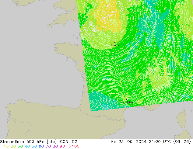 Streamlines 500 hPa ICON-D2 Mo 23.09.2024 21 UTC