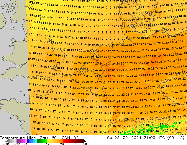 Temp. massima (2m) ICON-D2 dom 22.09.2024 21 UTC