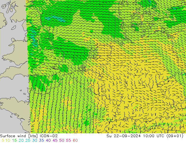 风 10 米 ICON-D2 星期日 22.09.2024 10 UTC
