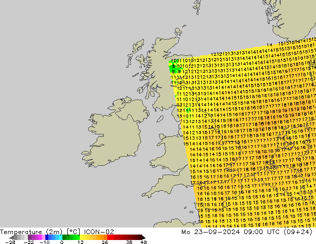 Temperature (2m) ICON-D2 Mo 23.09.2024 09 UTC