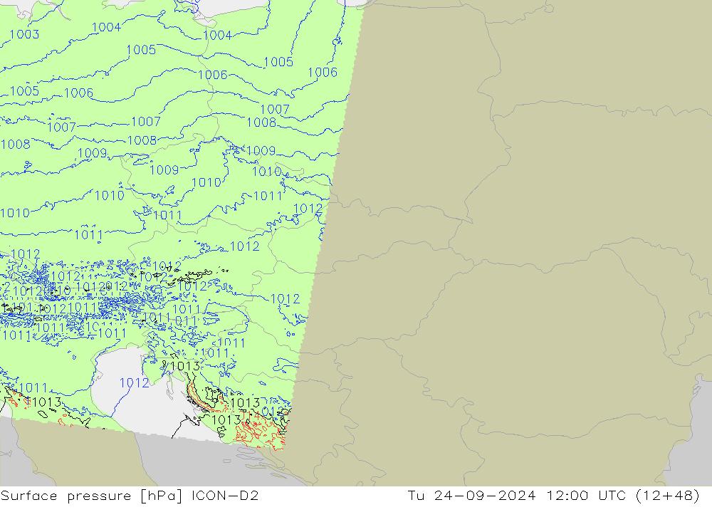 Surface pressure ICON-D2 Tu 24.09.2024 12 UTC