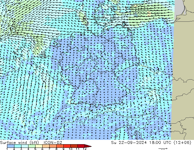 Wind 10 m (bft) ICON-D2 zo 22.09.2024 18 UTC