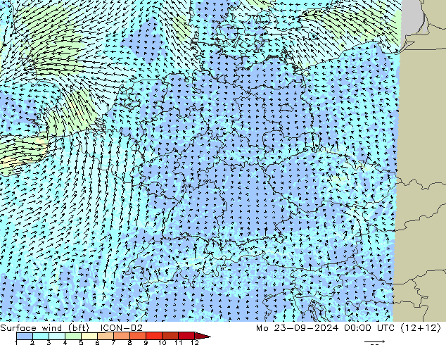 Bodenwind (bft) ICON-D2 Mo 23.09.2024 00 UTC