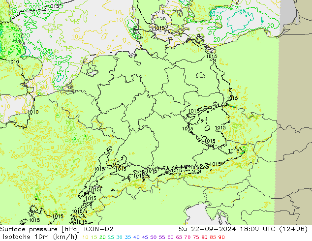 10米等风速线 (kph) ICON-D2 星期日 22.09.2024 18 UTC