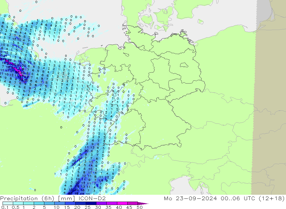 Precipitation (6h) ICON-D2 Mo 23.09.2024 06 UTC