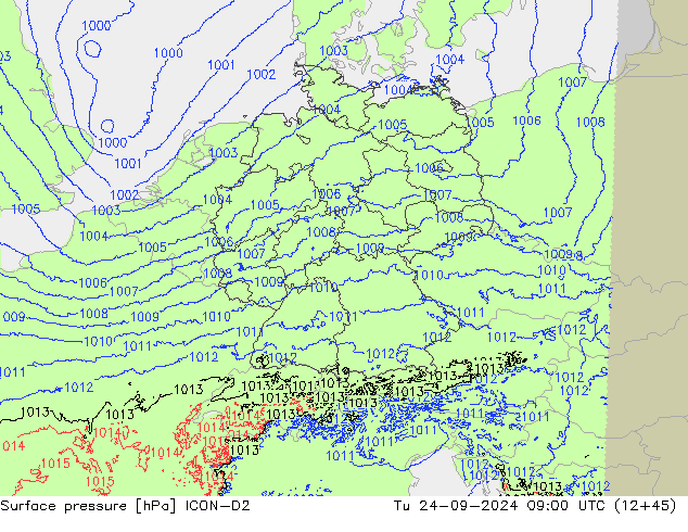 Surface pressure ICON-D2 Tu 24.09.2024 09 UTC