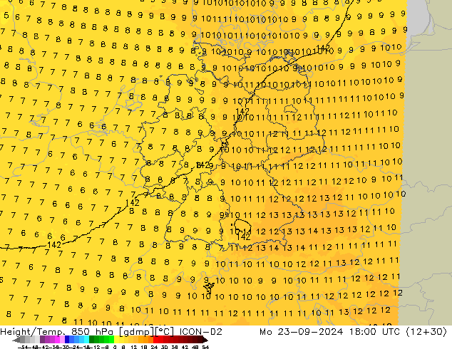 Hoogte/Temp. 850 hPa ICON-D2 ma 23.09.2024 18 UTC