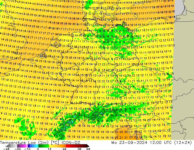 Temperature Low (2m) ICON-D2 Mo 23.09.2024 12 UTC