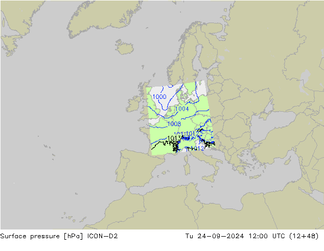Presión superficial ICON-D2 mar 24.09.2024 12 UTC
