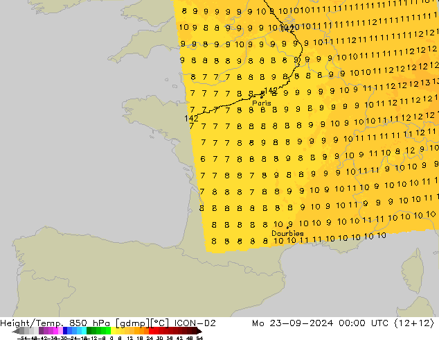 Height/Temp. 850 hPa ICON-D2 Po 23.09.2024 00 UTC