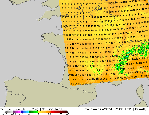 Höchstwerte (2m) ICON-D2 Di 24.09.2024 12 UTC