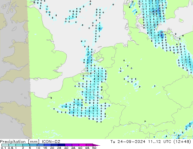 Srážky ICON-D2 Út 24.09.2024 12 UTC