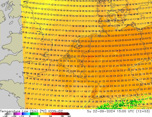 Temperature Low (2m) ICON-D2 星期日 22.09.2024 15 UTC