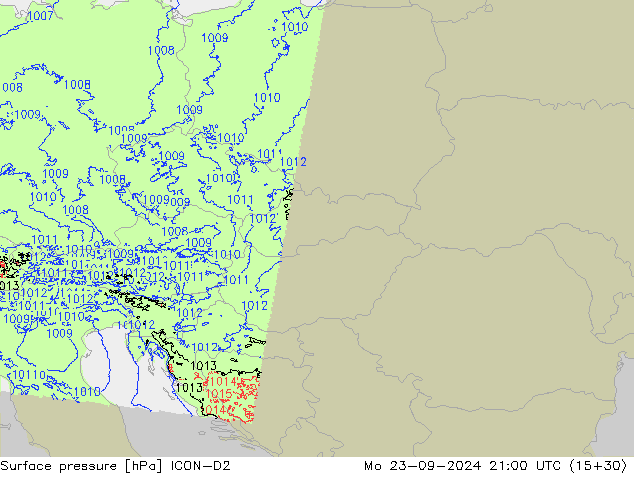 Pressione al suolo ICON-D2 lun 23.09.2024 21 UTC