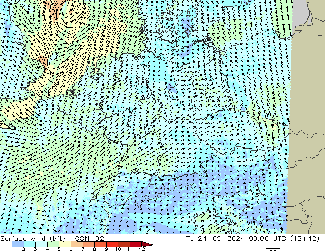 Surface wind (bft) ICON-D2 Tu 24.09.2024 09 UTC