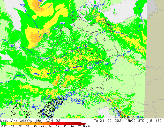 Max. wind snelheid ICON-D2 di 24.09.2024 15 UTC