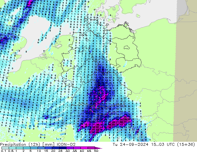 Totale neerslag (12h) ICON-D2 di 24.09.2024 03 UTC