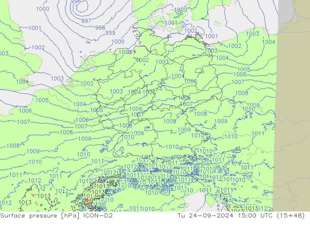 Presión superficial ICON-D2 mar 24.09.2024 15 UTC