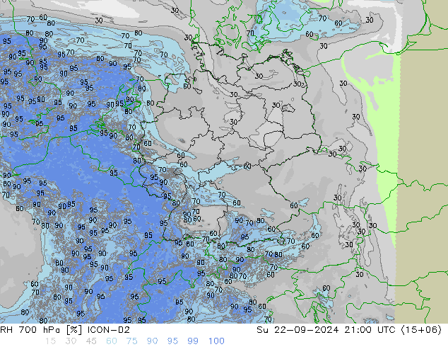 RH 700 hPa ICON-D2 Su 22.09.2024 21 UTC